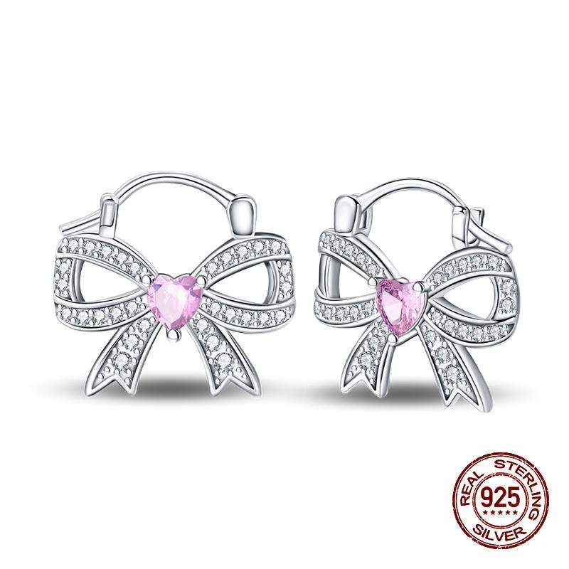 New Earring For Women 925 Silver Sparkling Cordate Zircon Pink Bow Princess Double Hoop Earrings Luxury Festival Party Jewelry