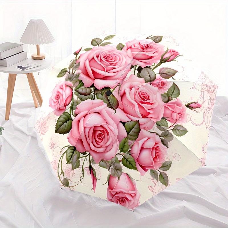Rose Bouquet Automatic Folding Umbrella  Simple Eight Rib Design, Bright Color Pattern, Durable Iron Frame, Ideal for Travel and Outdoor, Be