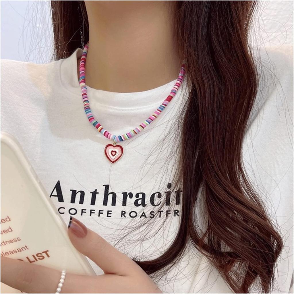 Surfer Heishi Choker Necklace for Women Soft Polymer Clay Necklace Clay Record Disc Beads Necklace Love Heart Pendant Necklace Boho Beach Necklace