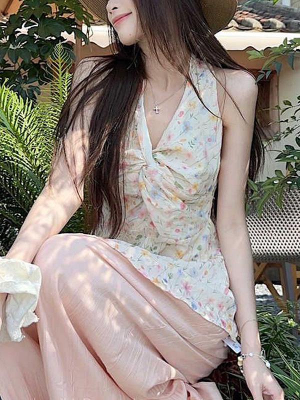 Sweet Spicy Girl Floral Knot Sleeveless Camisole - Women's Summer 2026 Backless Versatile Top