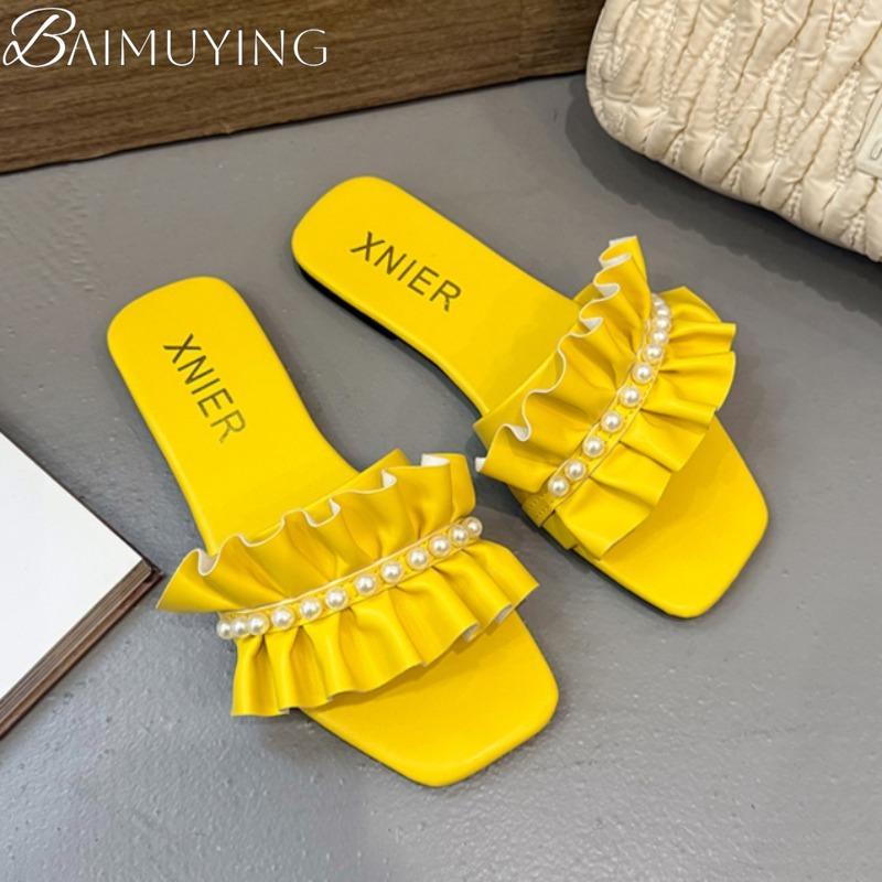 Women Slippers Flats Bead Sandals Square Toe Shoes Summer New 2025 Trend Open Toe Dress Casual Flip Flops Woman Beach Slides