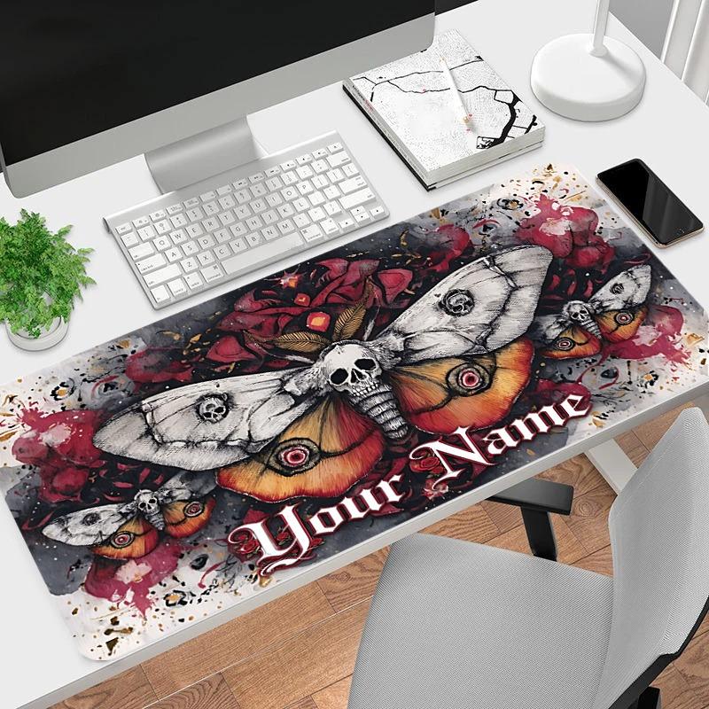 Custom 1Pc Gothic Skull Moth Tattoo Personalized Mouse Pad Non Slip Rubber Waterproof Desk Mat Stitched Edge Gaming Office Xmas Gift