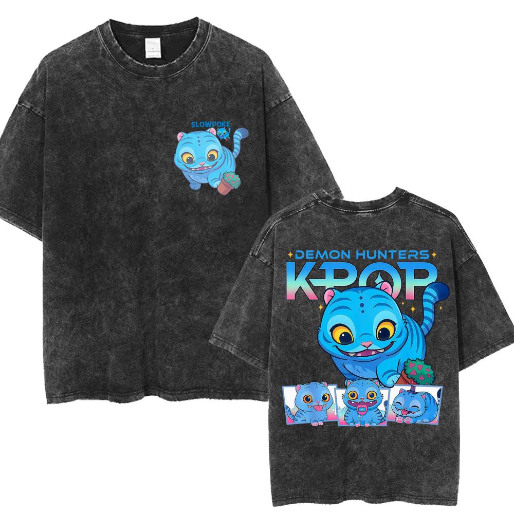 Women Washed Kpop Anime Demon Hunter Huntrix Girls T Shirt Kawaii Cute Fashion Unisex T-shirts Oversized Vintage T-Shirt