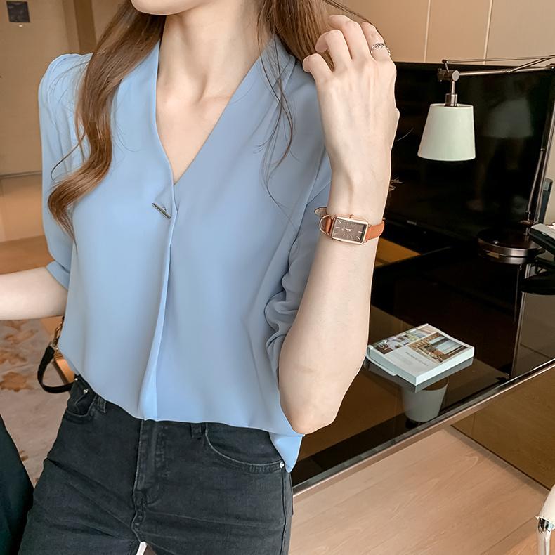 Summer Chiffon Blouse V Neck Loose Fit Korean Style Slimming Top Casual Elegant Basic Shirt