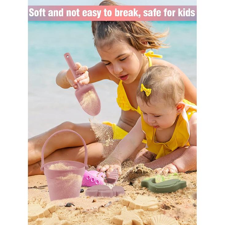 9Pcs Silicone Beach Toys for Baby Girls with Portable Beach Bag - Toddler Beach Set with Sand Toy Molds Shovel Bucket Set, Sand Toys Sandbox Toys for