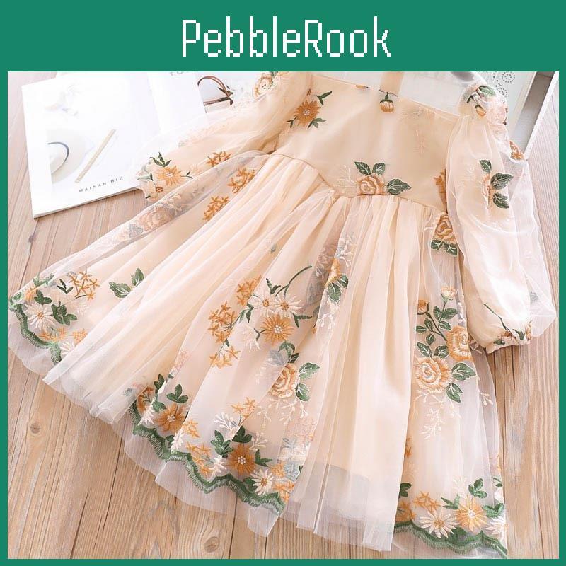 Girls Flower Long Dress Sleeve Embroidered Princess Dress Puff Sleeve Palace Dress Girl Dress