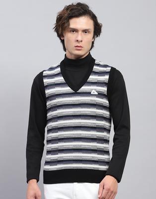 Mens Black Self Design V Neck Sleeveless Sweater