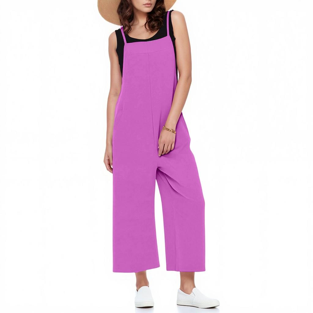 Casual Wide Leg Jumpsuits For Women Solid Color Overalls Rompers Outfits With Pockets