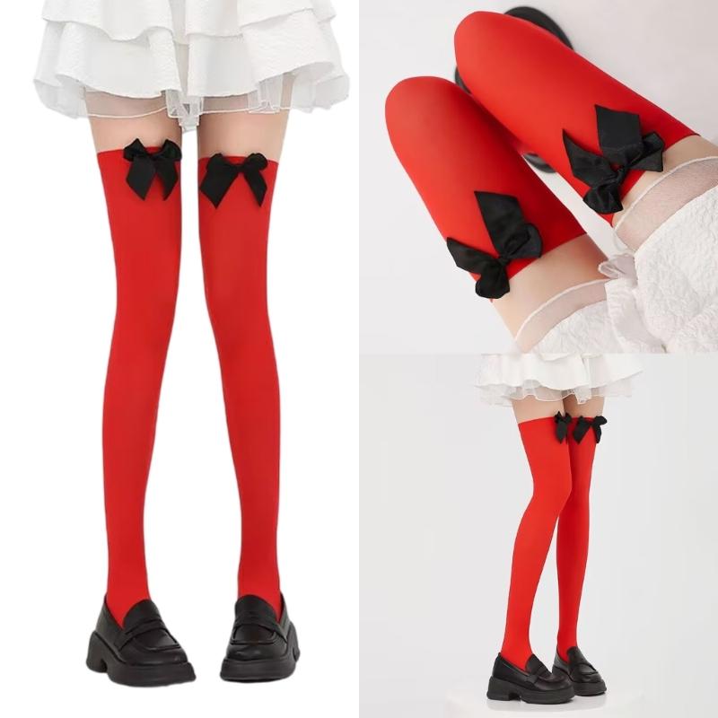 Christmas Thigh High Stockings Over the Knee Socks Halloween Cosplay Costumes for Womens Red Thigh High Socks with Bows