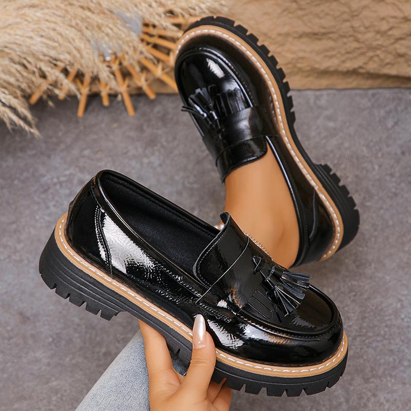 Tassels Bright Black Chunky Platform Loafers Women British Style Patent Leather Thick Sole Pumps Plus Size Uniform Lolita Shoes