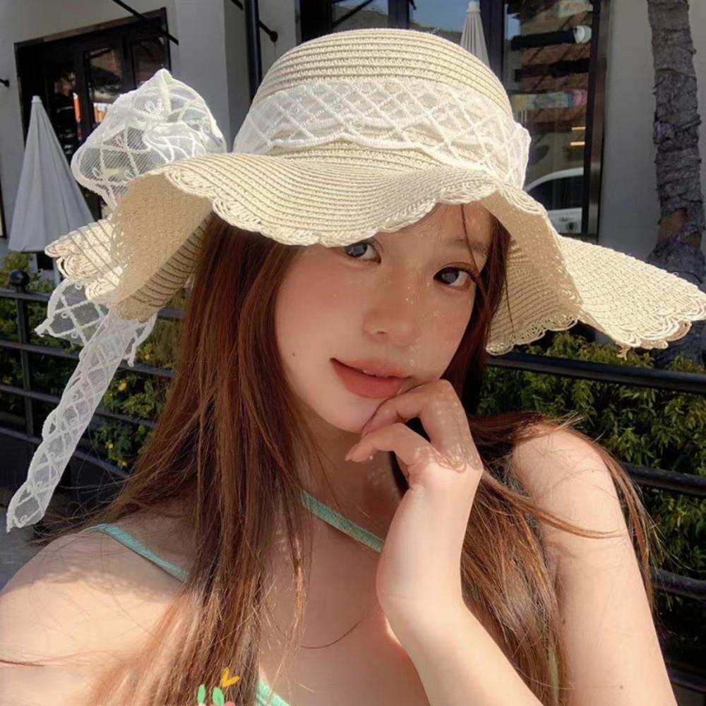 New Lace Ruffle Summer Straw Hat Solid Color Bowknot Sun Protection Hat Wide Brim Woven Straw Fisherman Cap Beach