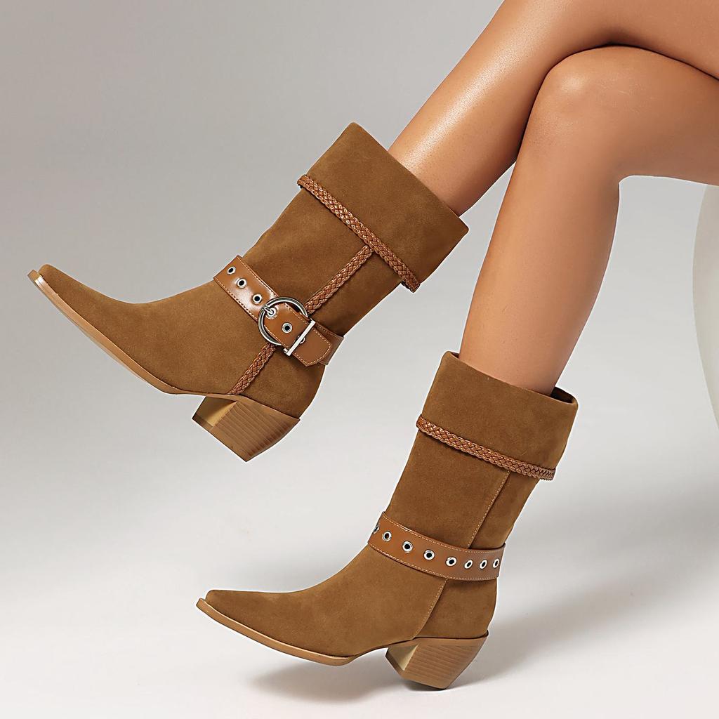 Krazing Po Flock Winter Pointed Toe Size 33 Western Boots Size 43 Metal Buckle Thick Heels Mid-calf Boots