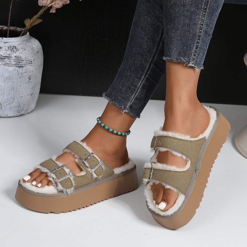 Fashion Fashion Platform Slippers Winter New Round Toe Open Toe Metal Buckle Plus Wool Warm Cotton Mopping