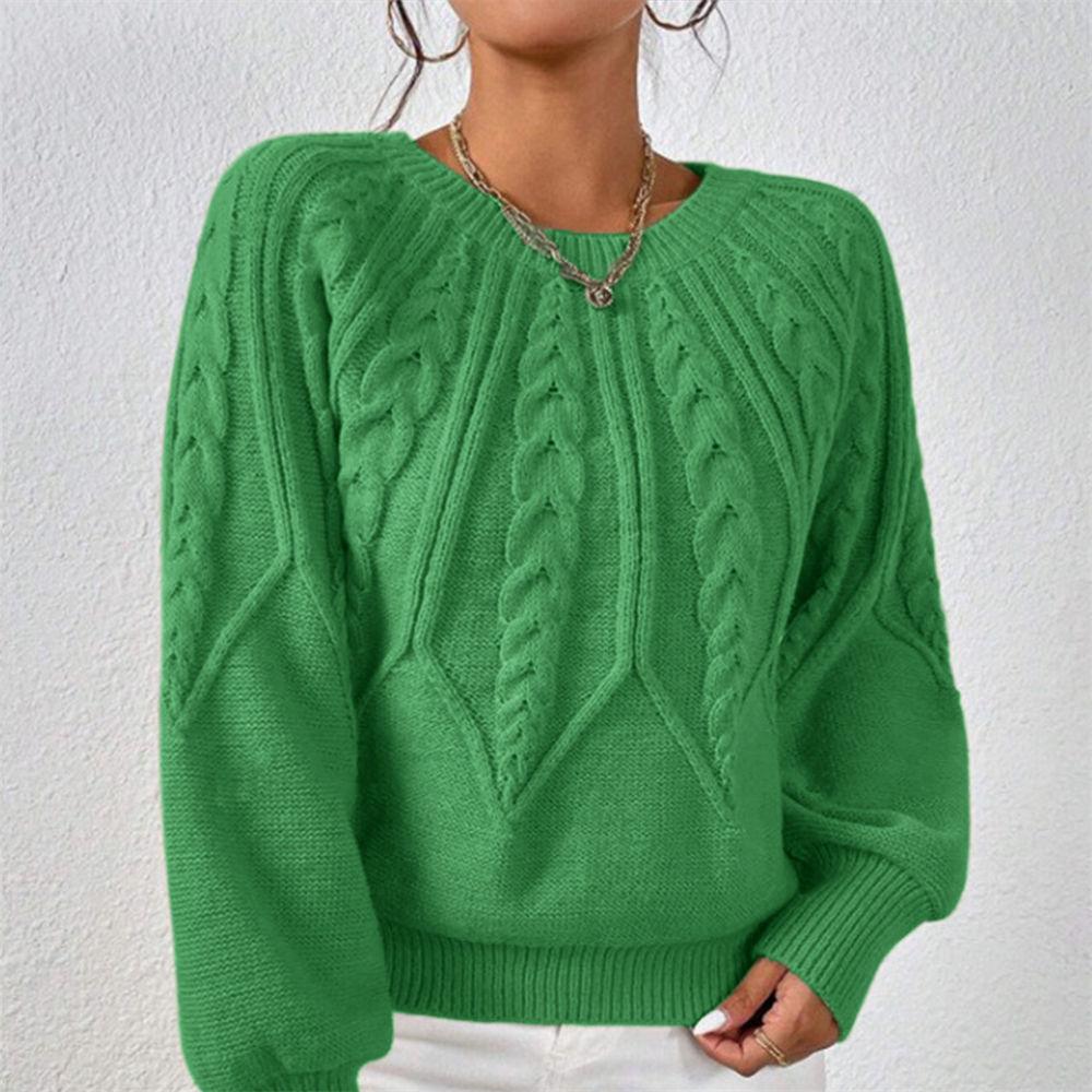 Women's Autumn/Winter Solid Color Cable Knit Sweater, Loose Crew Neck Lantern Sleeve Versatile Knit Top S-XL