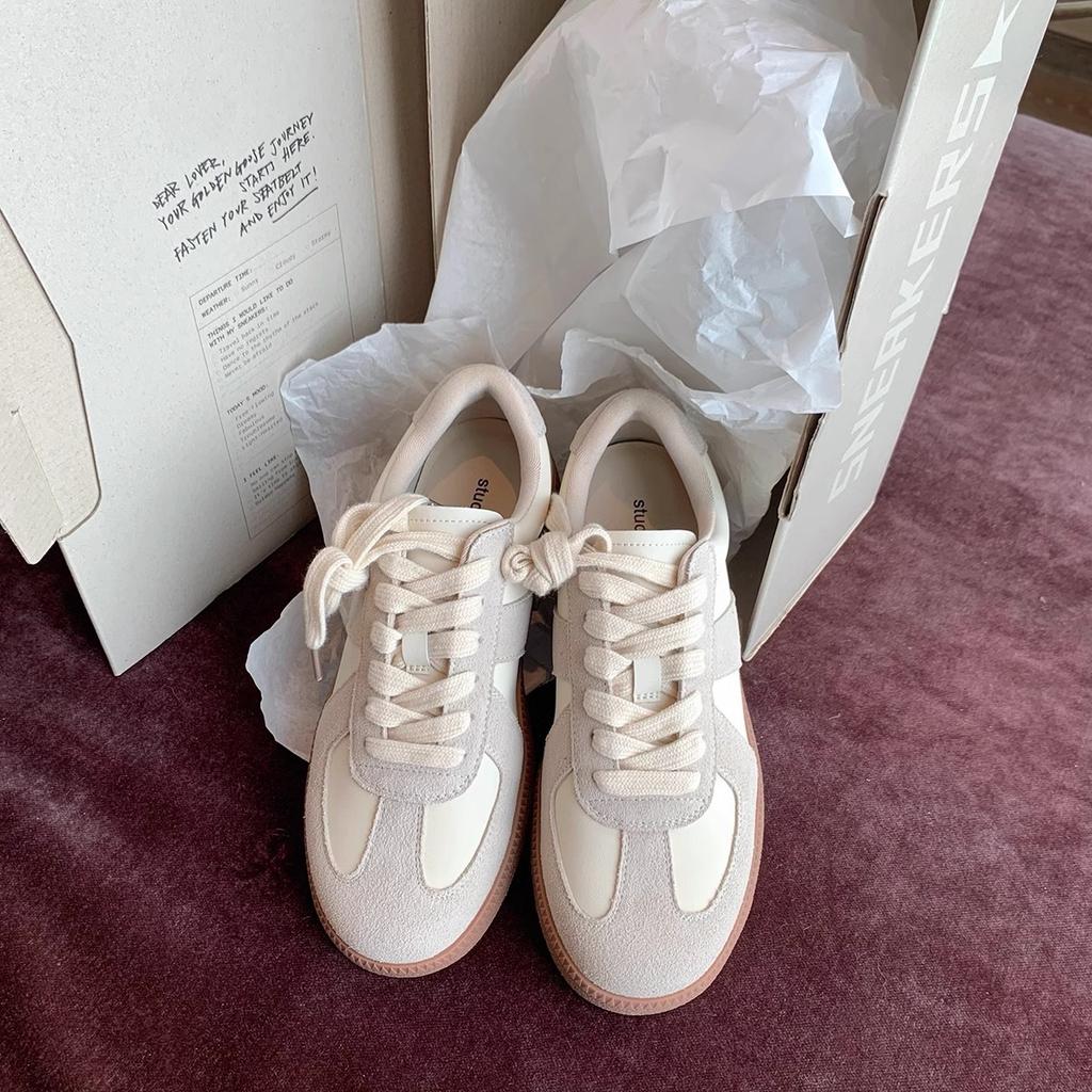 Cowhide Version~ Retro Round Head Color Matching Casual Board Shoes Lace-up Little White Shoes Women's Board Shoes Spring and Autumn New
