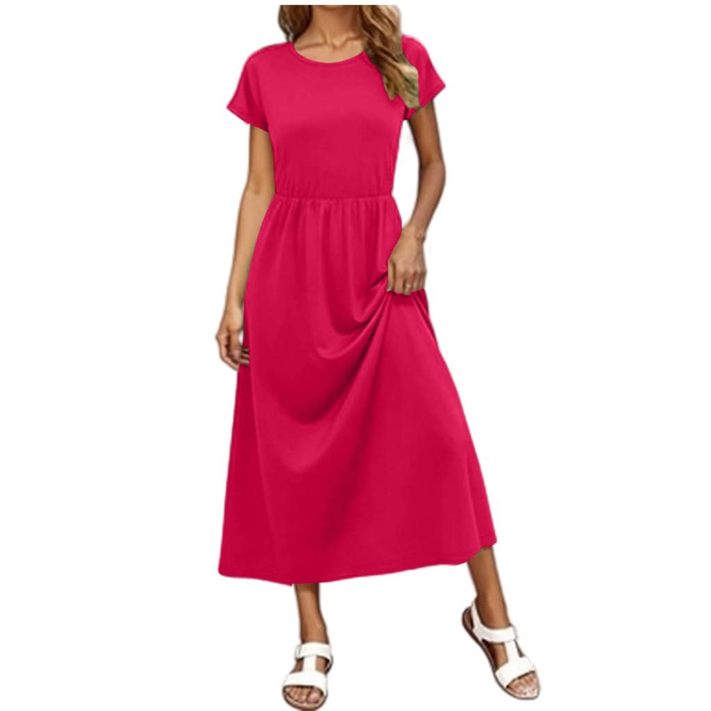 Women's Fashion Casual Short Sleeve Round Neck Elastic Waist Draped Pocket Dress