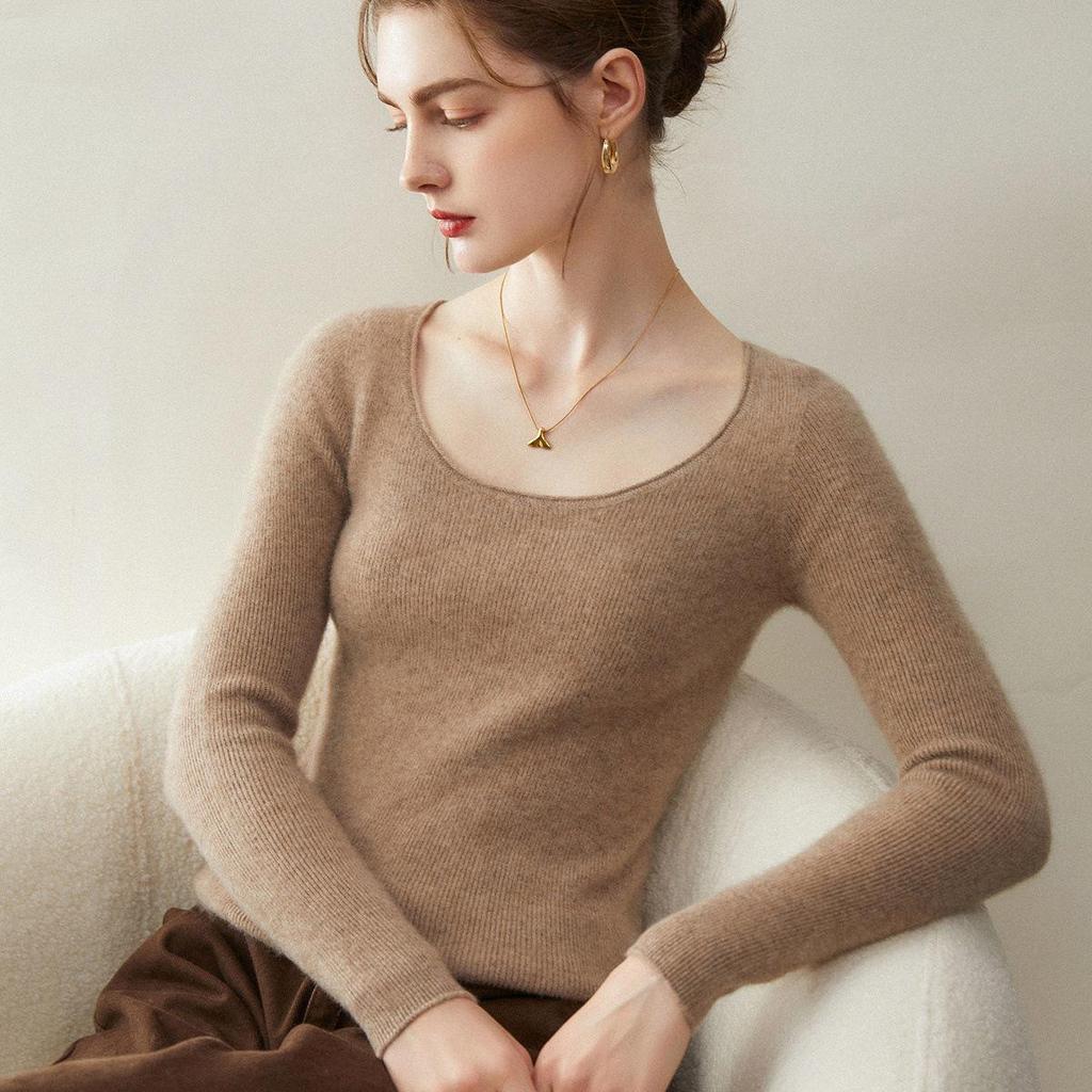 Women's Slim-Fit U-Neck 100% Cashmere Sweater - Low Round Neck Knit Base Layer