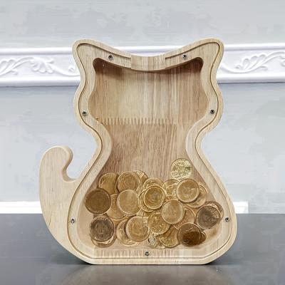 Wooden Cat Coin Bank with Glass Lid - Unique Gift for Holidays & Home Decor