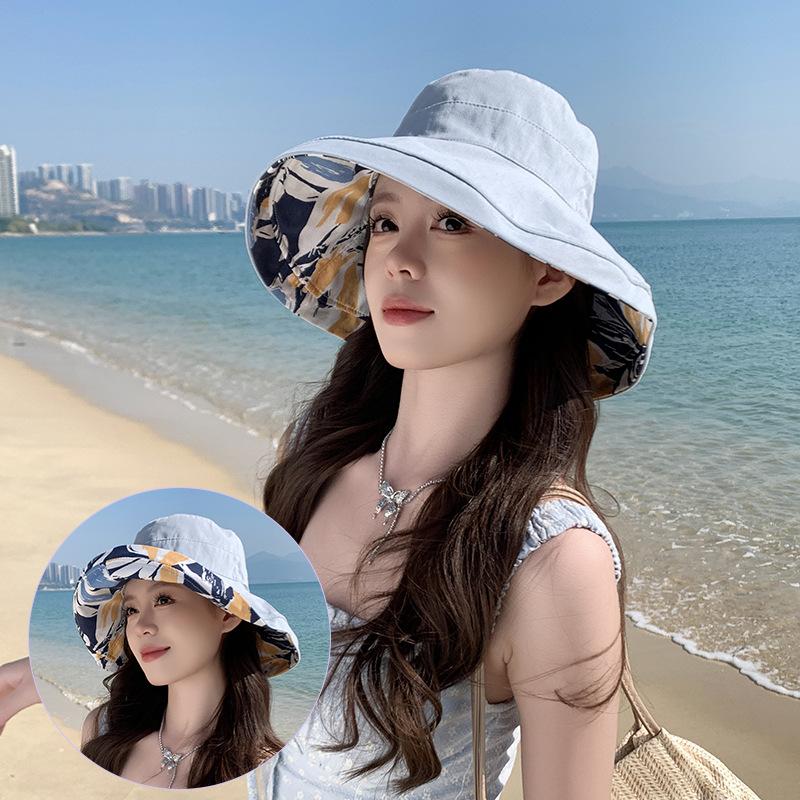 Double-sided fisherman's hat, children's outdoor sunscreen hat, European and American summer cotton large edge printing pot hat, casual sun hat