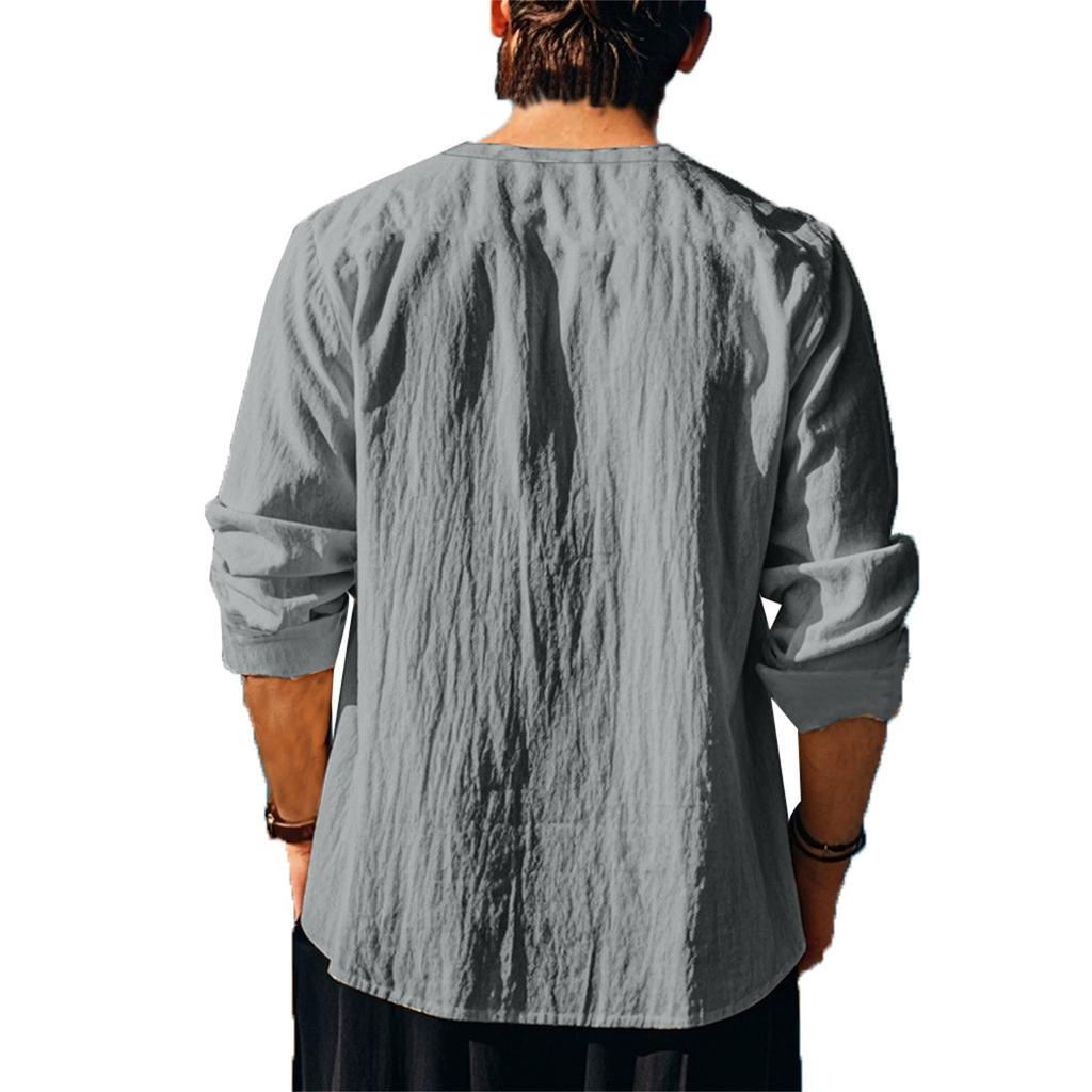 Top Camicia da Uomo Larga Casual in Cotone e Lino con Coulisse e Collo