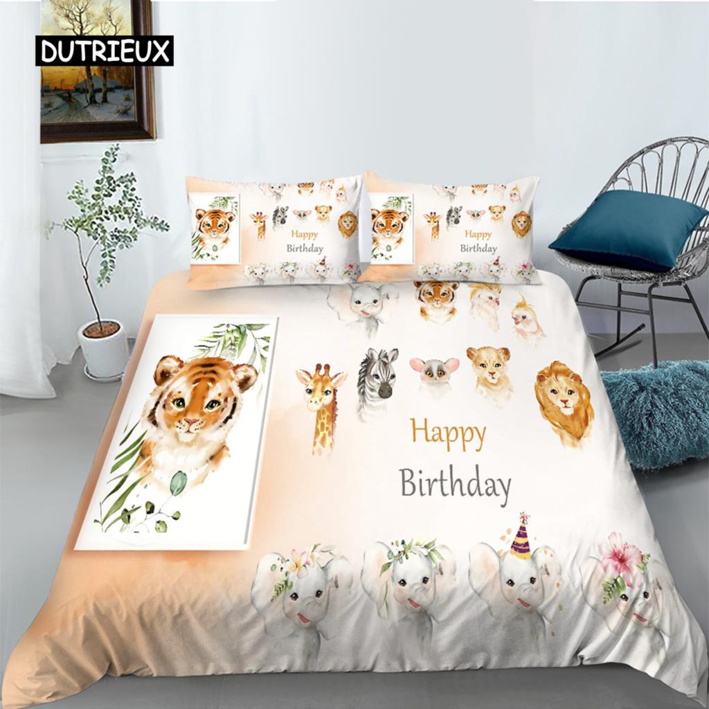 Cartoon Animal Happy Birthday King Queen Duvet Cover Cute Lion Bedding Set Kids Boys Girls Elephant 2/3pcs Polyester Quilt Cover