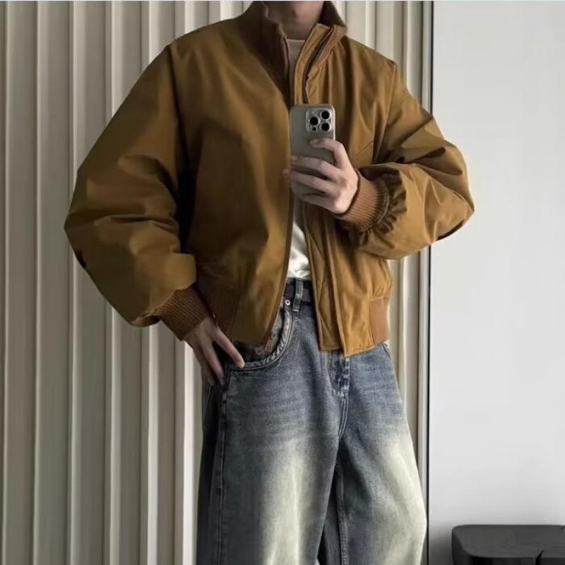 Spring and autumn American retro stand-up collar jacket men's and women's street loose and versatile solid color tooling casual top jacket tide