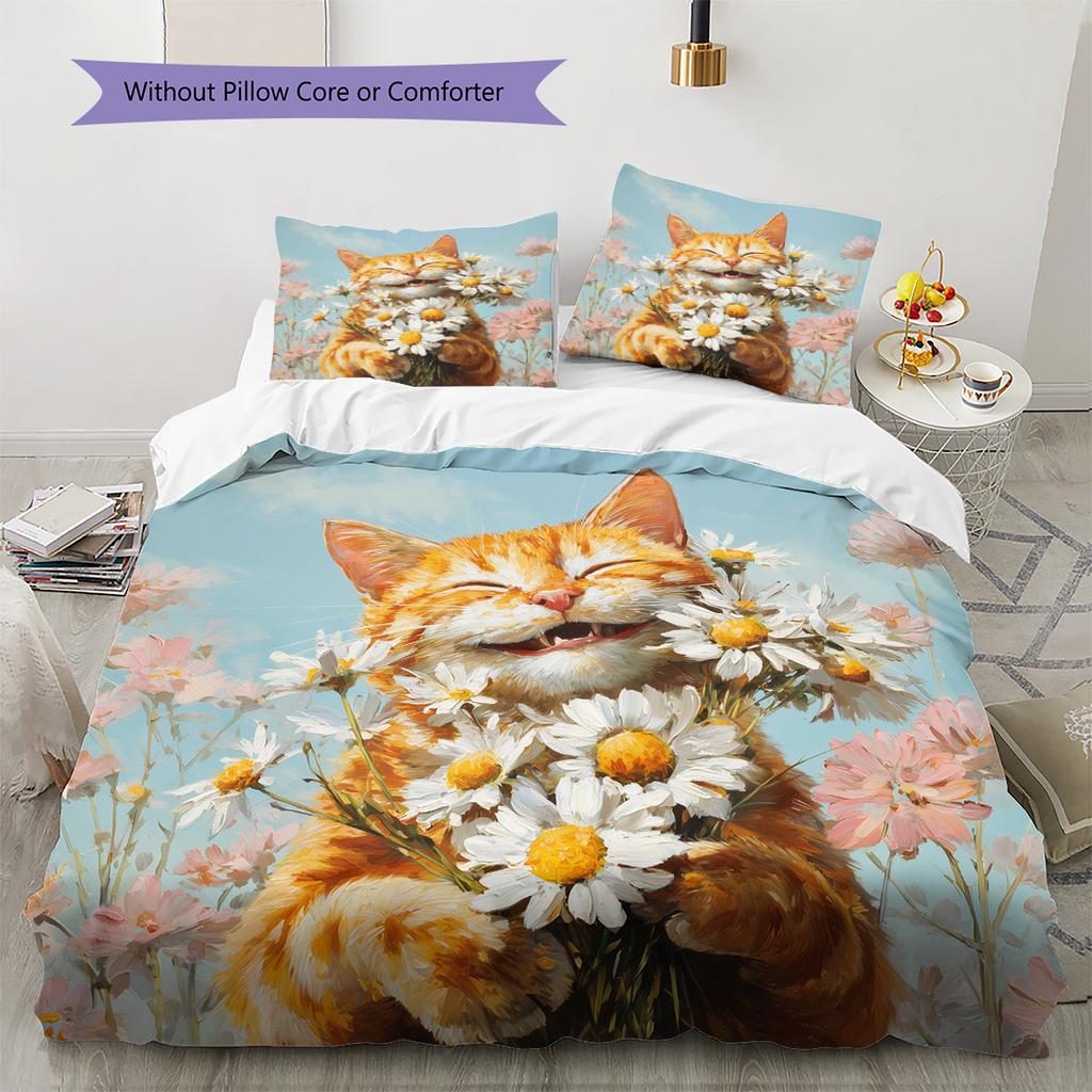Cat Holding Flowers Pattern Bedding Quilt Set Home Decoration Gift (1 * Duvet Cover + 2 * Pillowcase, Without Core)