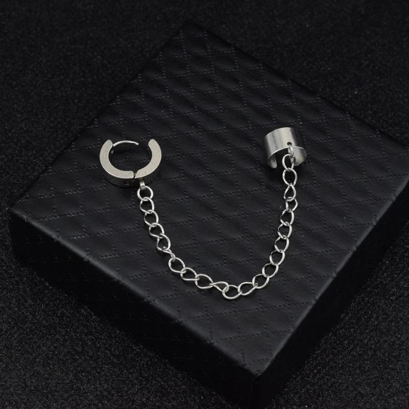 Personality Design Double Stainless Steel Chain Clip Earrings for Men Women Harajuku Hip Hop Punk Ear Cuff Jewelry Fake Piercing