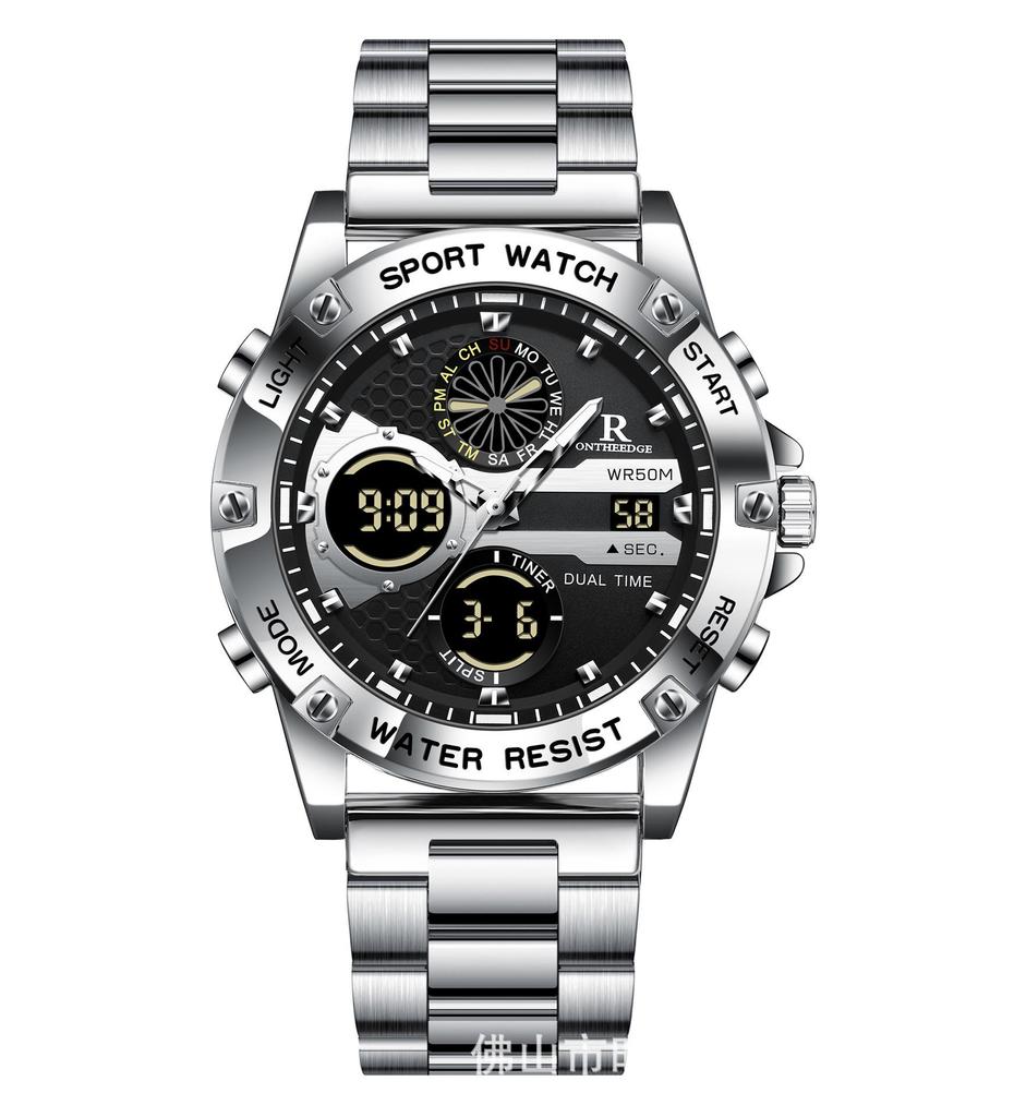 Men's Waterproof Dual-Display Leather Quartz Watch - Trendy, Multifunctional, Round Dial, Electronic Student Edition