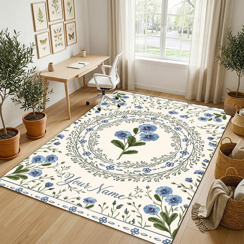 Blue Floral Elegance Theme Soft Crystal Velvet Rug Custom Name & Text Print Non Slip Floor Rug for Bedroom Living Room