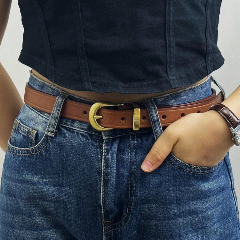 Leather Belt for Women, Korean Version, Trendy, Versatile, Personalized, Retro Style, Cowhide Jeans Belt for Women