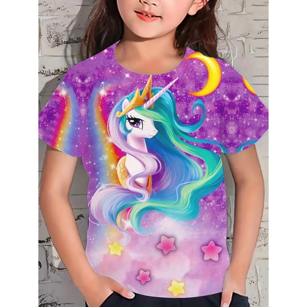 

Новая летняя мультяшная футболка с коротким рукавом с принтом пони, модные топы с круглым вырезом для девочек 160cm