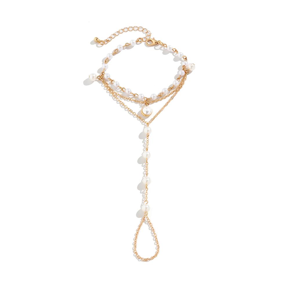 Kpop Multilayer Imitation Pearl Link Chain Connected Finger Ring Bracelets Women Wed Bridal Hand Harness Bracelet Couple Jewelry