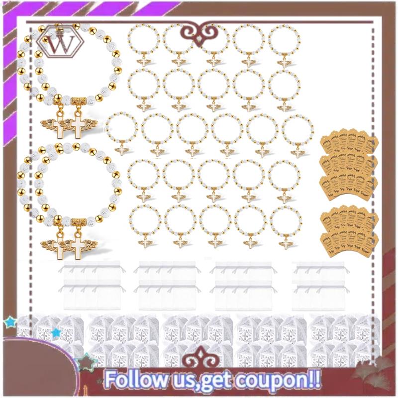 A95D-50PCS Baptism Rosary Cross Charms With Angel Wing Acrylic Baptism Beaded Bracelets For Women Men Baptism Favors B золотой