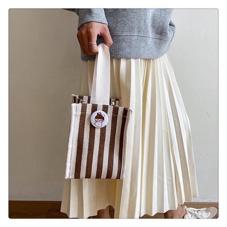 Stylish Colorful Striped Nylon Shoulder Tote Bag For Women Trendy Handheld Lunch Bag