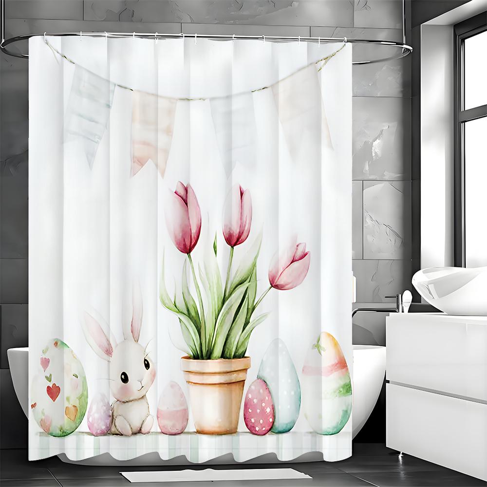 

Cute Bunny Floral Bathroom Shower Curtain, Cute Easter Egg Shower Curtain, Tulip Chess Watercolor Painting Suitable for Bathroom 90*180cm