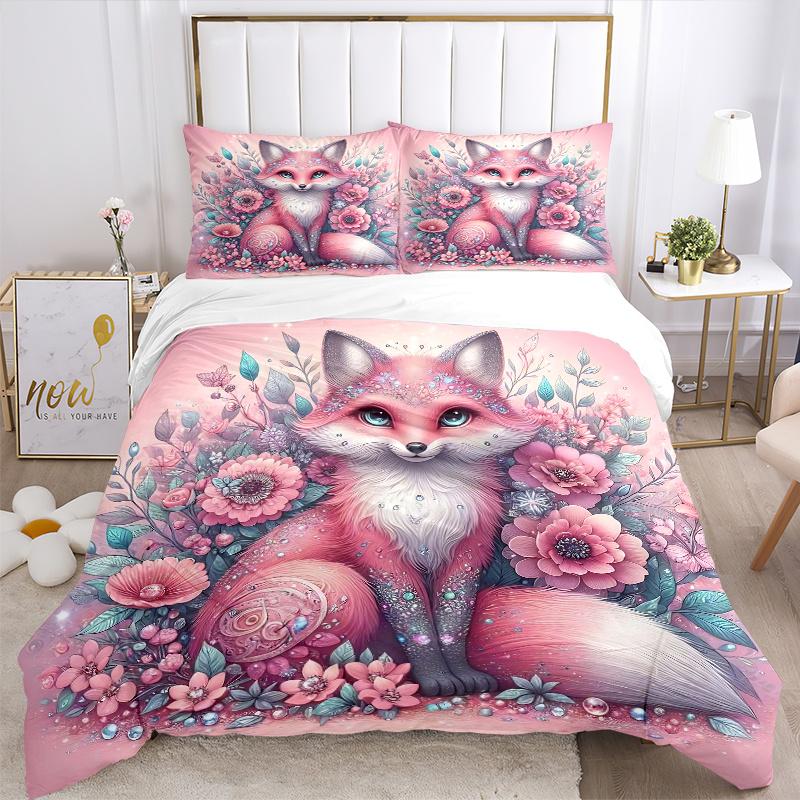3pcs Fox & Pink Flower Bedding Set - Includes Quilt Cover and Pillowcases, Suitable for All Seasons, Machine Washable - Ideal Gift for Famil