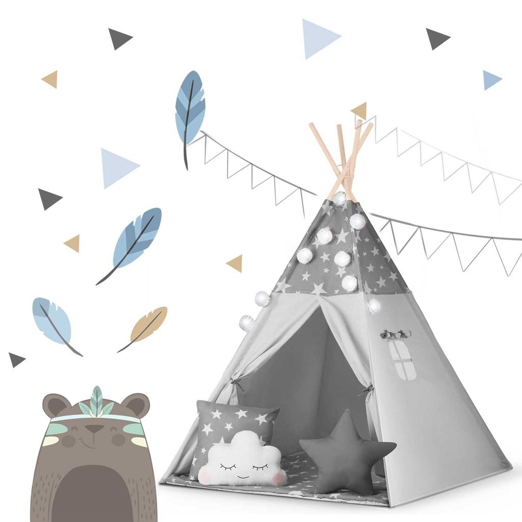 Nukido Children's Teepee Tent With Garland And Lights - Gray With Stars