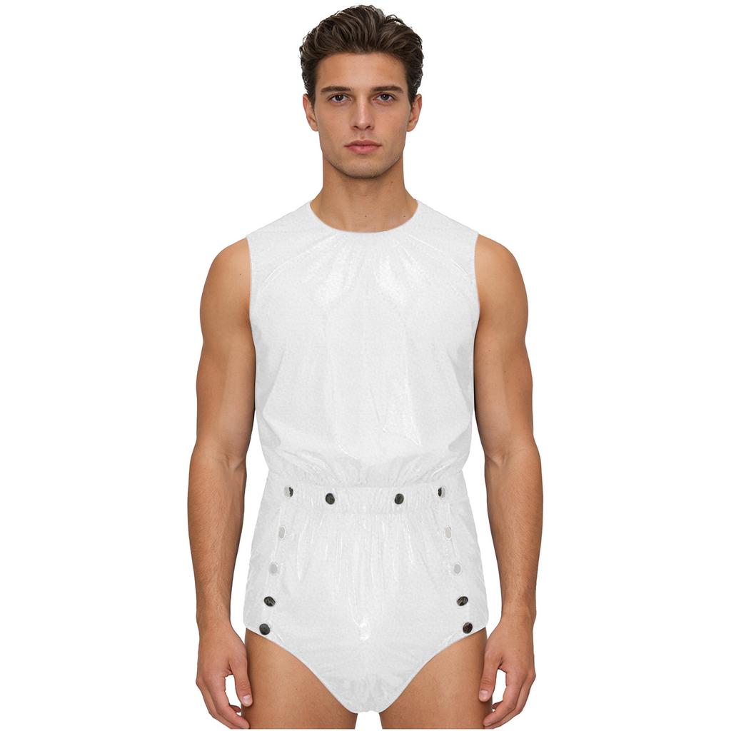 S-3XL Mens Waterproof Bodysuit Openable Crotch with Buttons Sleeveless Back Zipper Elastic Waistband One-piece Romper Jumpsuit for Clubwear Swimming