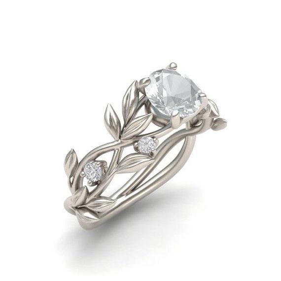 European Princess Olive Leaf Engagement Ring with Blue Zircon and Diamonds