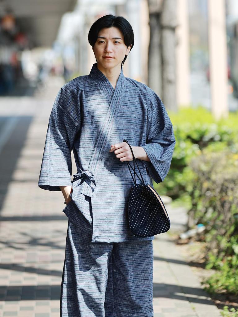 Shijira Kurume weave Samue [Tayutaf] Samue, Kurume, weave, Summer, Men's, BOTAN, Cotton, (Blue stripes, LL)