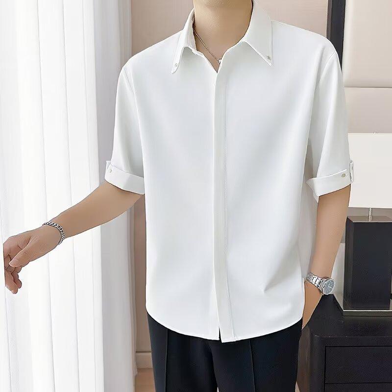 Herren Schwarzes Kurzarm-Button-Down-Hemd mit aufgerollten Ärmeln Locker Lässig Büro Oberteil