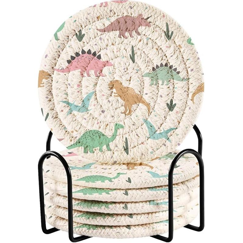 Dinosaur Cotton Cup Coasters with Holder Absorbent Drink Coasters Set for CoffeeTabletop Protection Housewarming Gift Home Decor 6 Pcs