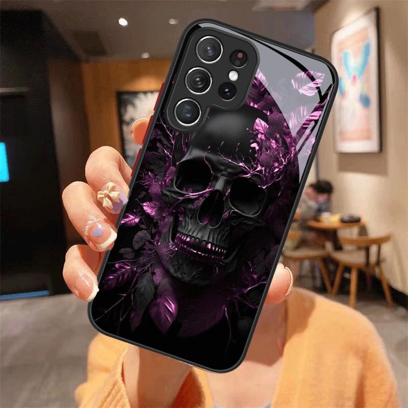 Purple Leaf Skull Pattern Glass Phone Case Suitable for Samsung Galaxy S26 S25 S24 S22 S21 S20FE/Ultra/Plus Anti Drop Back Cover