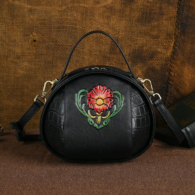 Genuine Leather Flower Embossing Shoulder Bags for Women Ladies Top Layer Cowhide Crossbody Bag Vintage Design Handbags