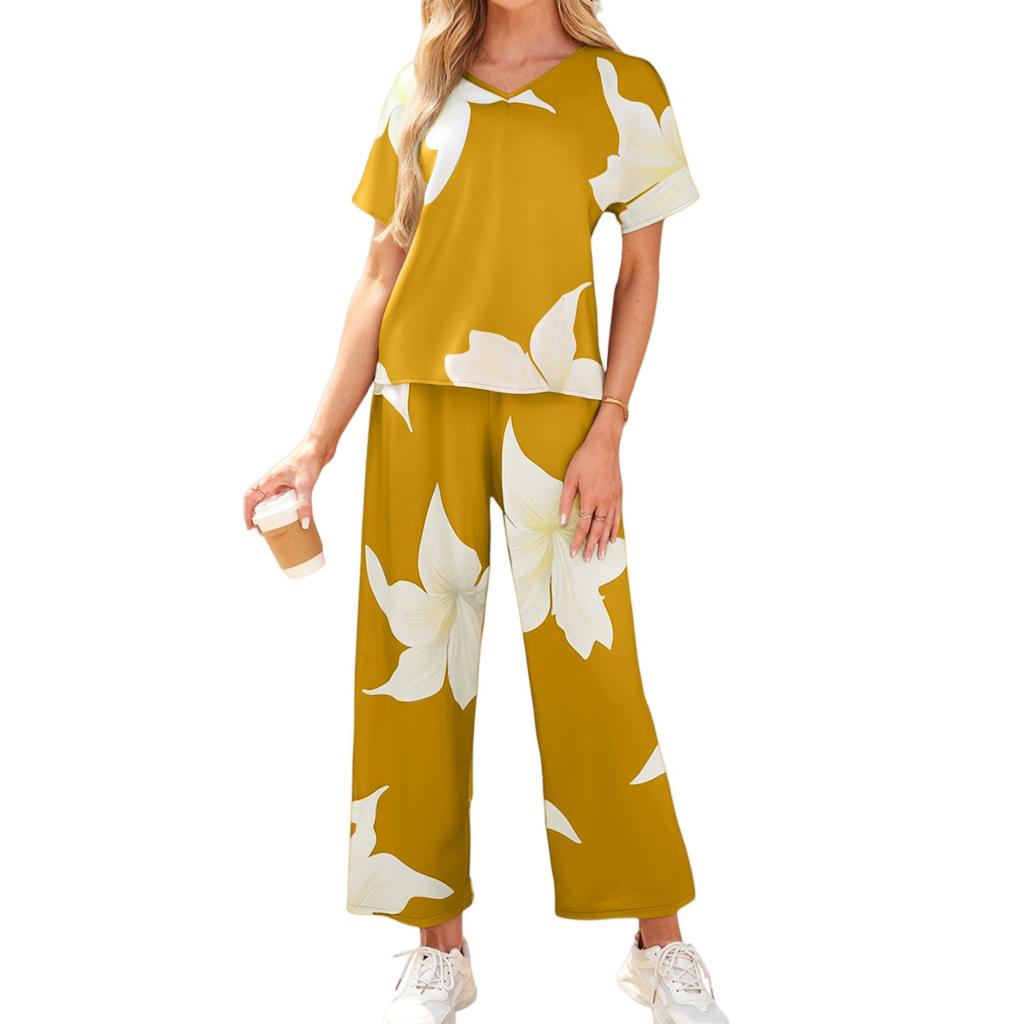Women's Casual Vacation V-Neck Sleeve Top And Trousers Fashion Print Two Piece Set