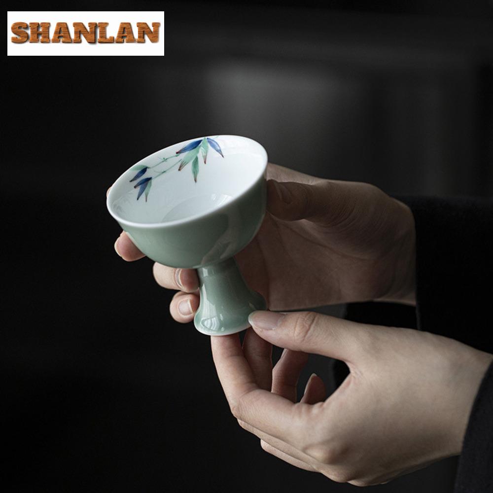2pc/lot Green Plum High-feet Teacup Boutique Ceramic Master Cup Small Tasting Mug  Antique Meditation Cup Cafes Teaset 70ml