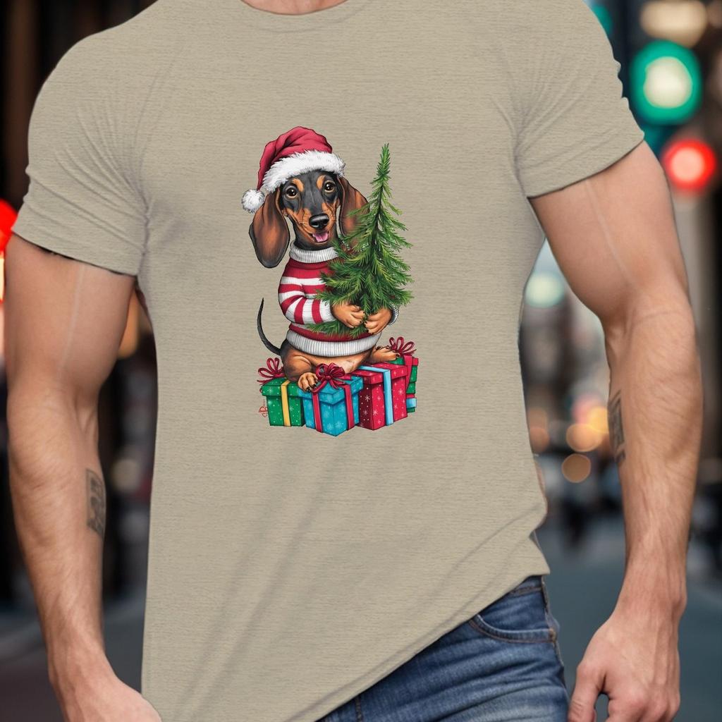 Christmas Dachshund Dog Graphic Tee Men Casual Cotton Round Neck Short Sleeve TShirt Gift