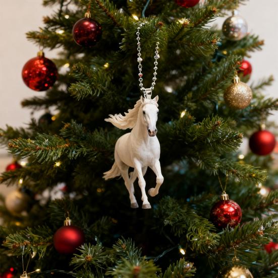 Yousheng White Horse Christmas Ornaments 2D Flat Acrylic Running Horse Car Rear View Mirror Charm Auto Hanging Pendant for Holiday Home Tree Decor