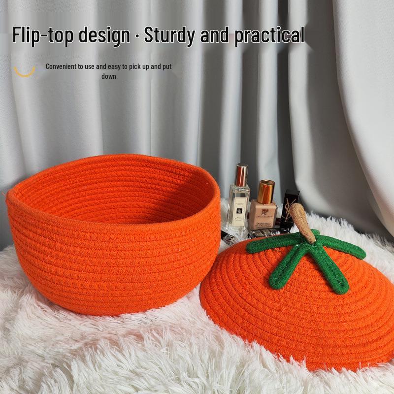 Pumpkin Cartoon Large Desktop Storage Basket with Lid - Dustproof for Sundries & Snacks